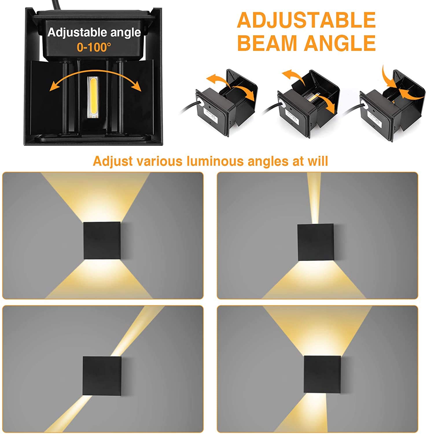 TECNO &LED Applique da parete Cubo Nero luce naturale LED 12W Regolabile IP65 IMPERMEABILE da inerno e esterno