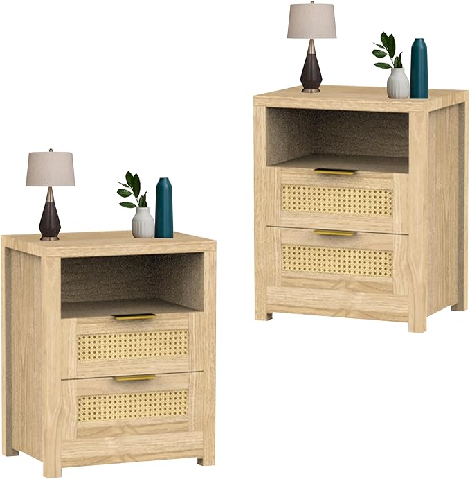 Rattan Nightstand Set 2, Boho Side Table with Drawers and Storage Shelf, Wood End Table for Living Room, Bedroom, Light Oak