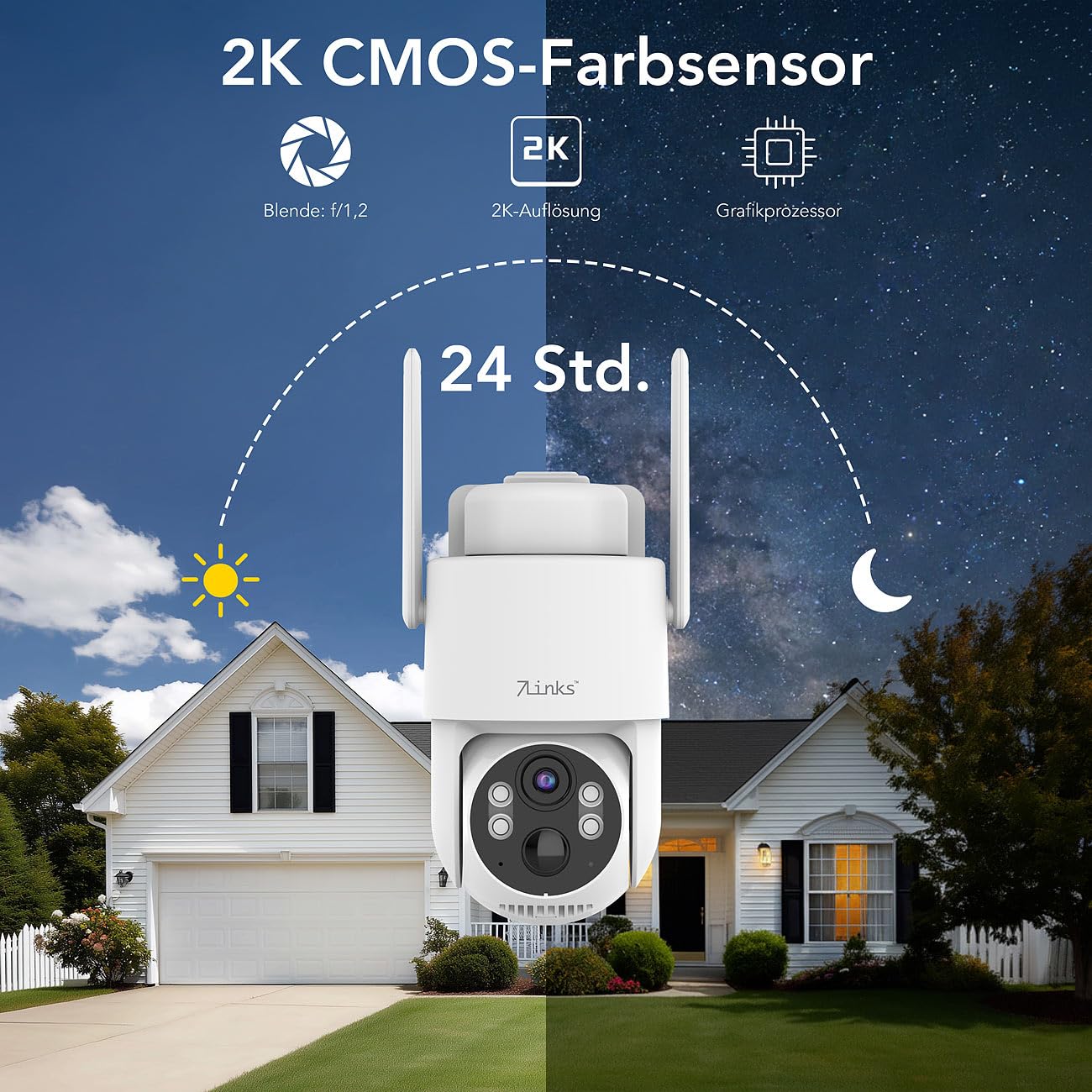 7links Überwachungskamera: 4G/LTE-Akku-Außenkamera mit eSIM & 5 Jahren Datenflat, 2K, Solarpanel (Überwachungskamera SIM, LTE Kamera eSIM, Flat)