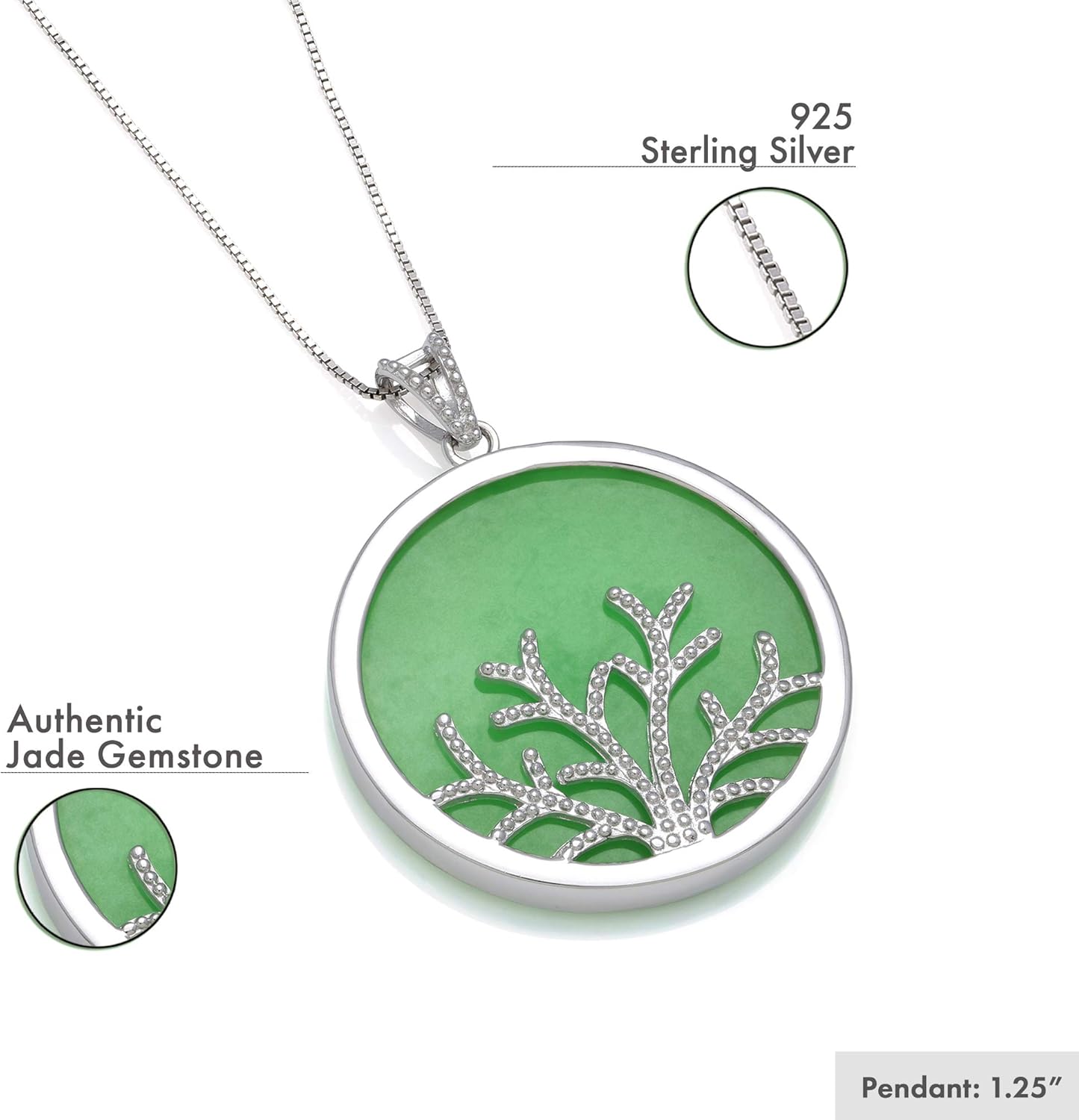 Belacqua Natural Green Jade Tree of Life Pendant Necklace in Sterling Silver, 18 Inches Box Chain, Fashion Jewelry for Women, Gift Box Included - Image 2