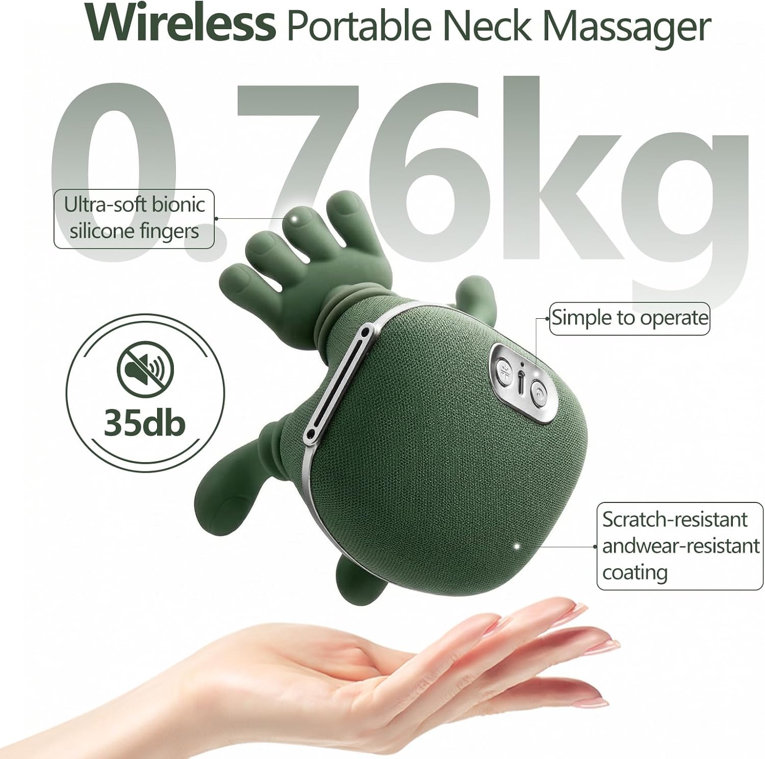 Neck Massager with Heat, 4D Bionic Finger Neck and Shoulder Massager, Hands-Free Cordless Deep Tissue Kneading Massager for Muscle Relaxation, Gifts for Women Men, Green