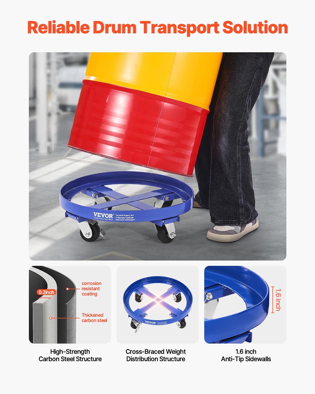 VEVOR Chariot pour fûts de 250,03 L Capacité de Charge de 907 kg Chariot pour fûts Lourds avec Renforts transversaux et 4 Roues pivotantes, pour manutention de fûts en Stock, Bleu