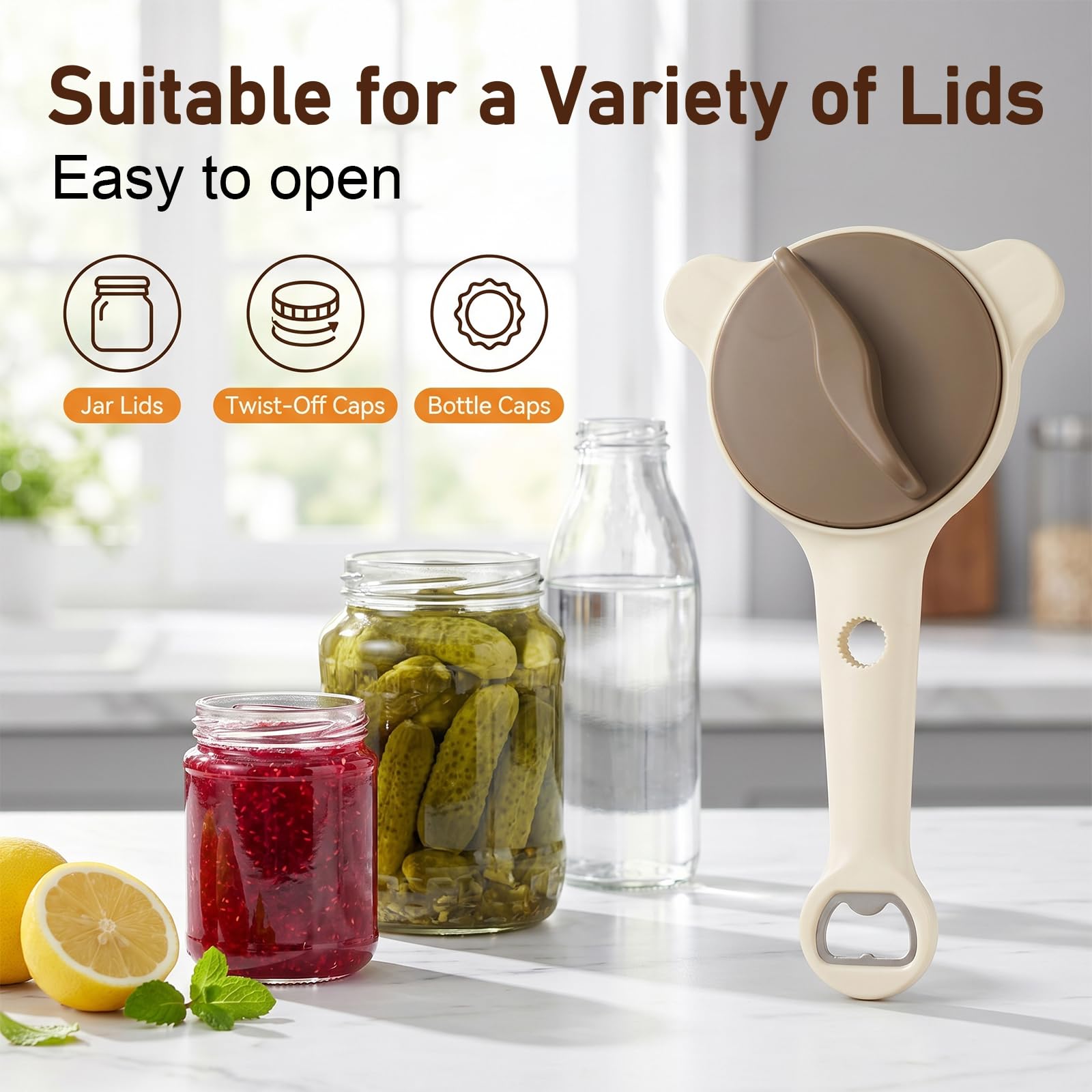 Apribarattoli 4 in 1 Multiuso, Apriscatole Manuale Regolabile con Denti Antiscivolo, Apribarattoli per Anziani con Manico Lungo, Utensile da Cucina Ergonomico per Barattoli e Bottiglie