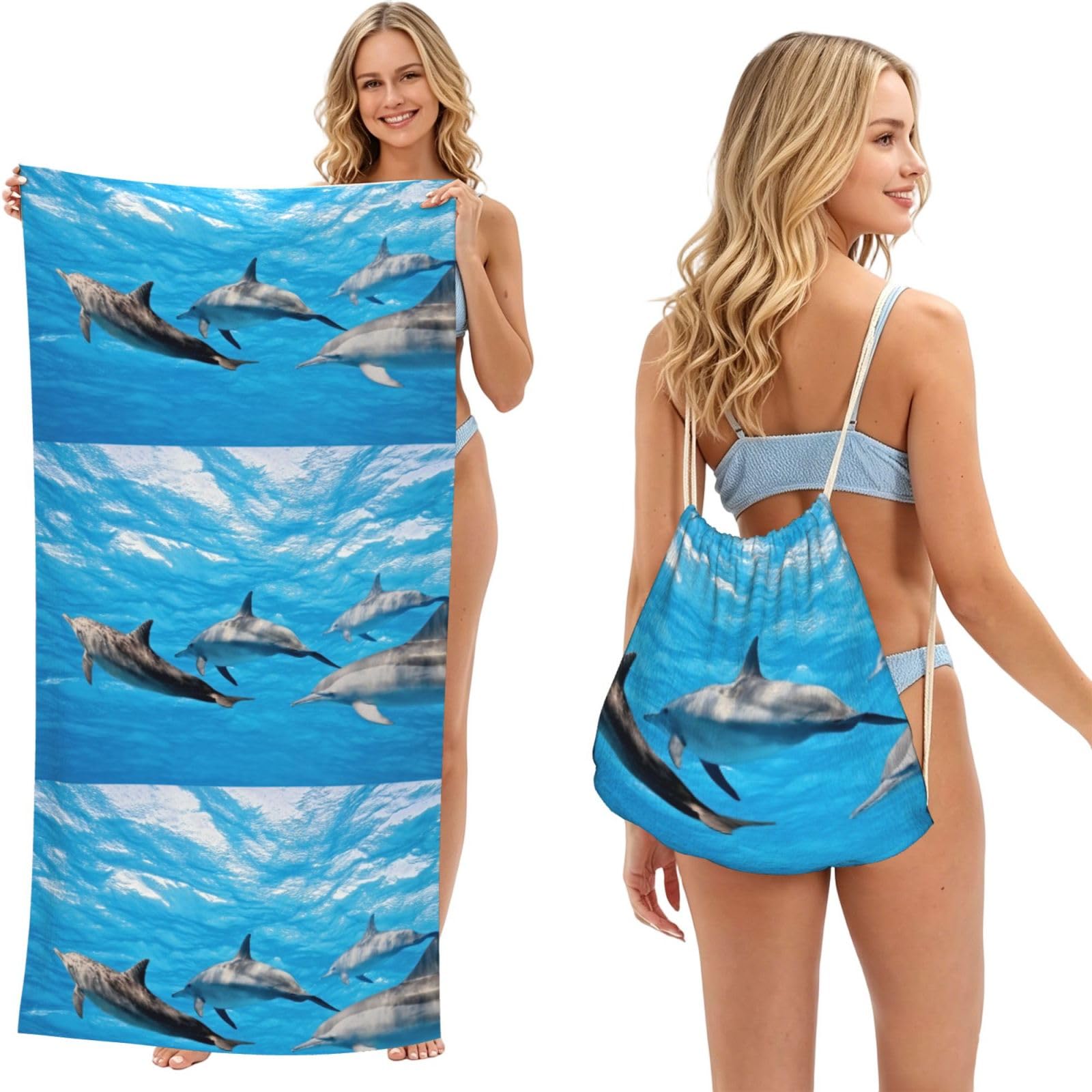 Poadnly As Picture Dolphin, 2 In 1 Packable Towel Bag, Beach Towels With Drawstring Backpack For Travel Holiday Camping