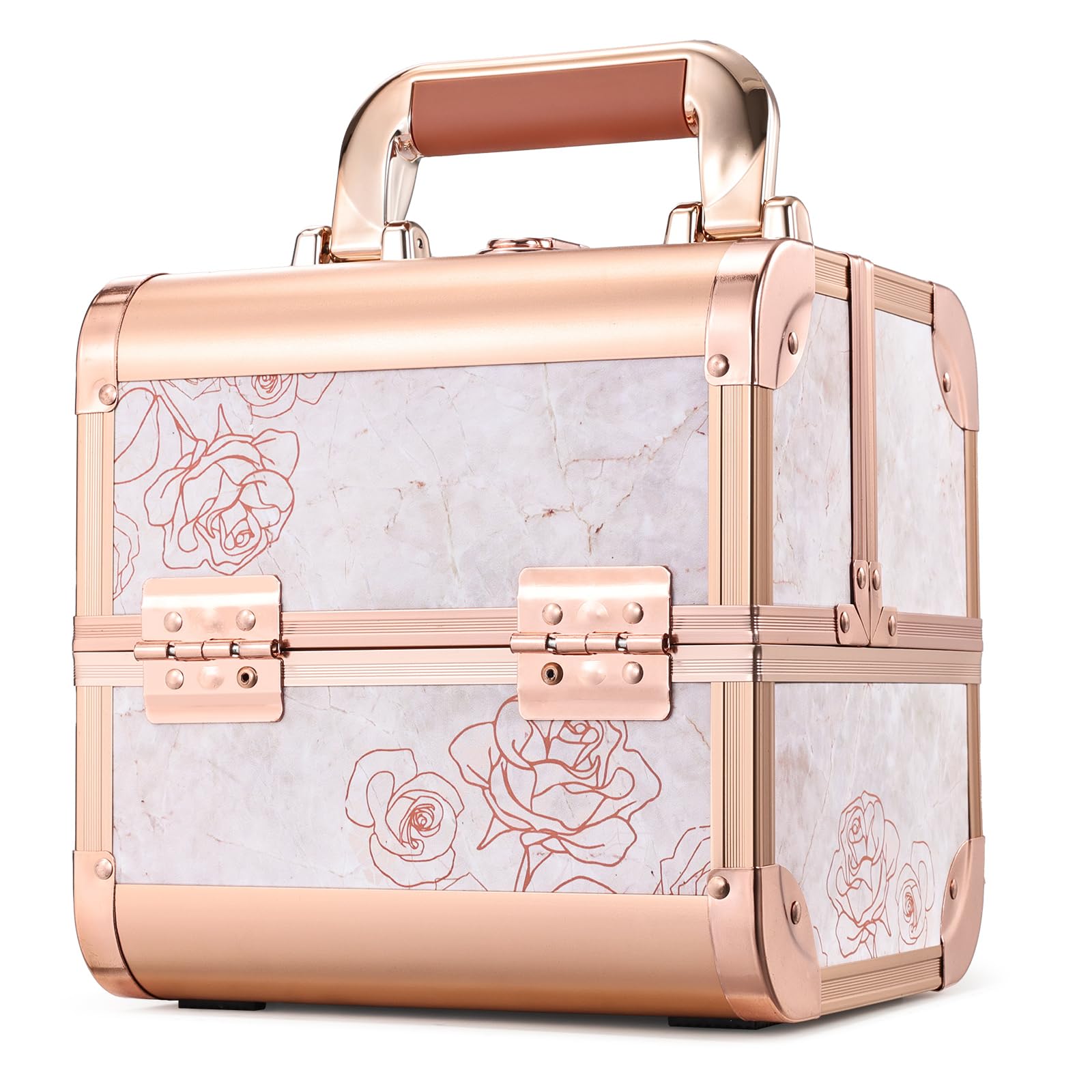 Costravio Makeup Case Train Case Portable Makeup Box with Mirror Lock Box Travel Cosmetic Train Cases Hard Make Up Organizer for Girls Nail Craft Storage Vanity Rose Gold Flower