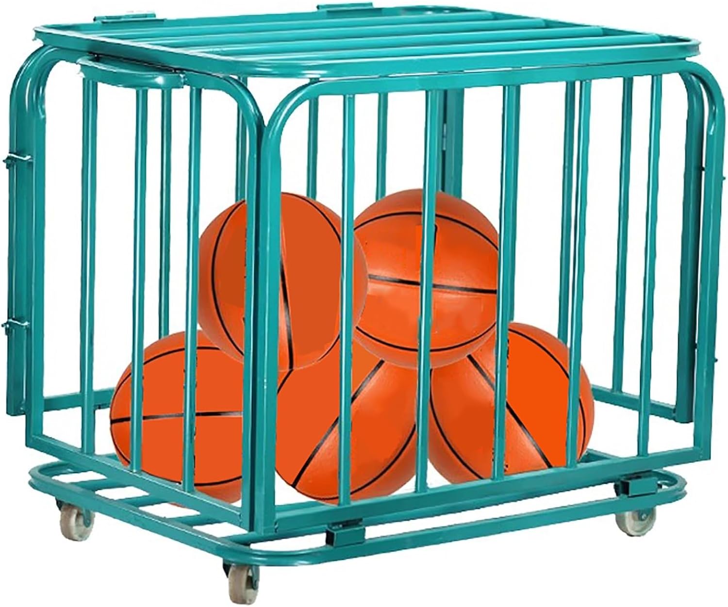 Large Capacity Ball Cage with Wheels, Green Metal Ball Storage Rack with Lockable Hinge Cover, School Playground Kindergarten