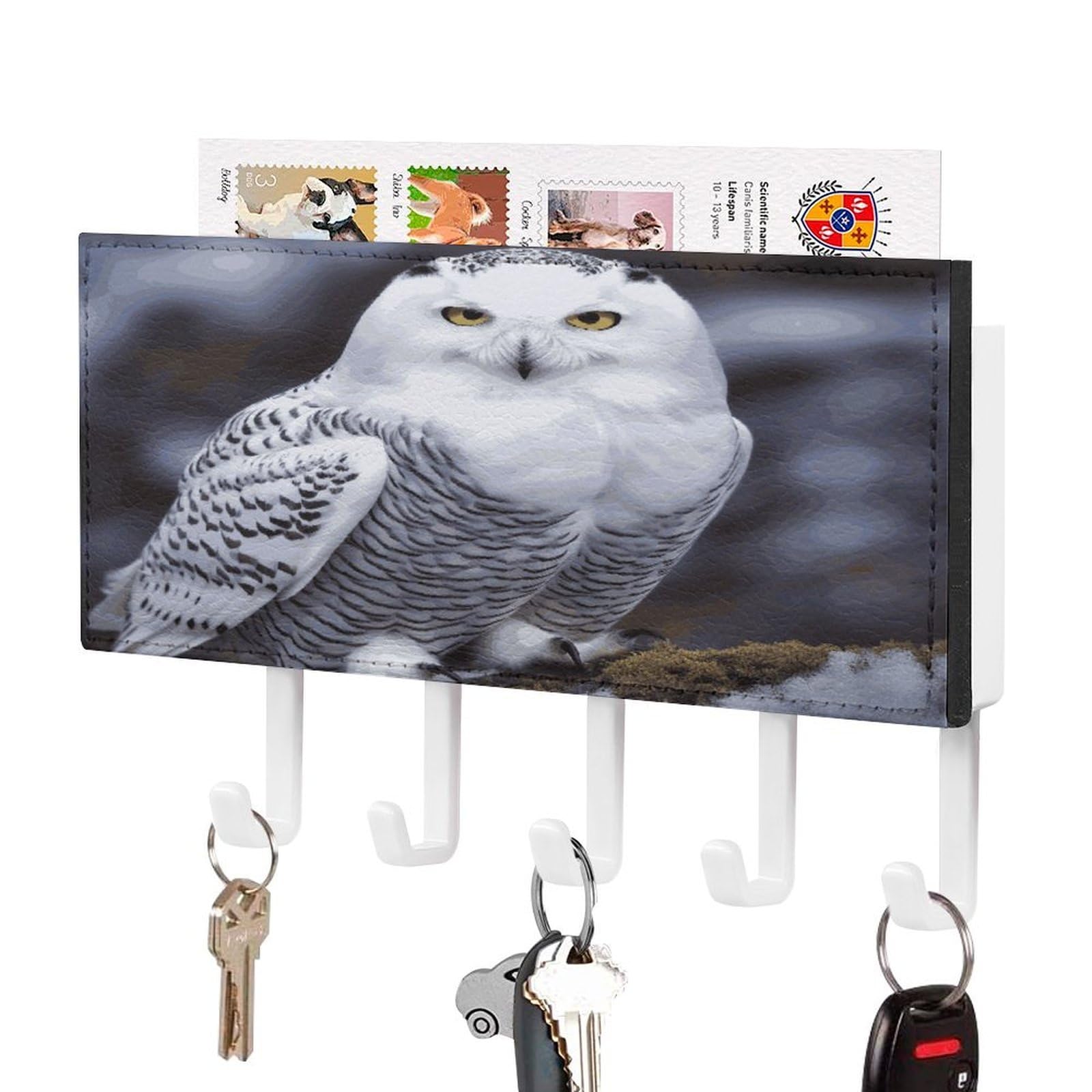 Fekiloot White-Style Arctic Owl Key Holder Wall Mount Key And Mail Holder Key Hanger With 5 Hooks Decorative Pu Key Rack Hanging Key Hooks For Wall Living Room Kitchen Bathroom Hallway