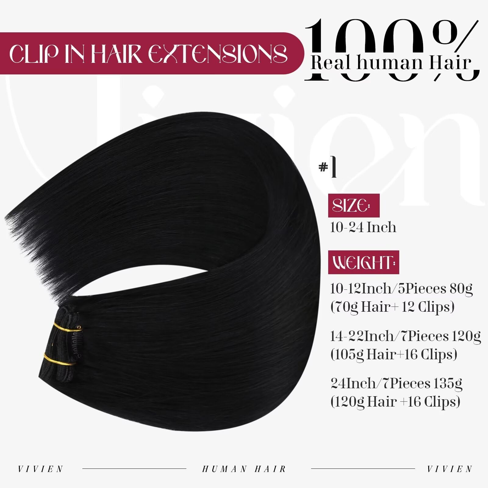 Vivien Clip in Hair Extensions Human Hair Black Hair Extensions for Women Clip in Black Human Hair Clip in Extensions 16 Inch 120g 7pcs #1 — view 2