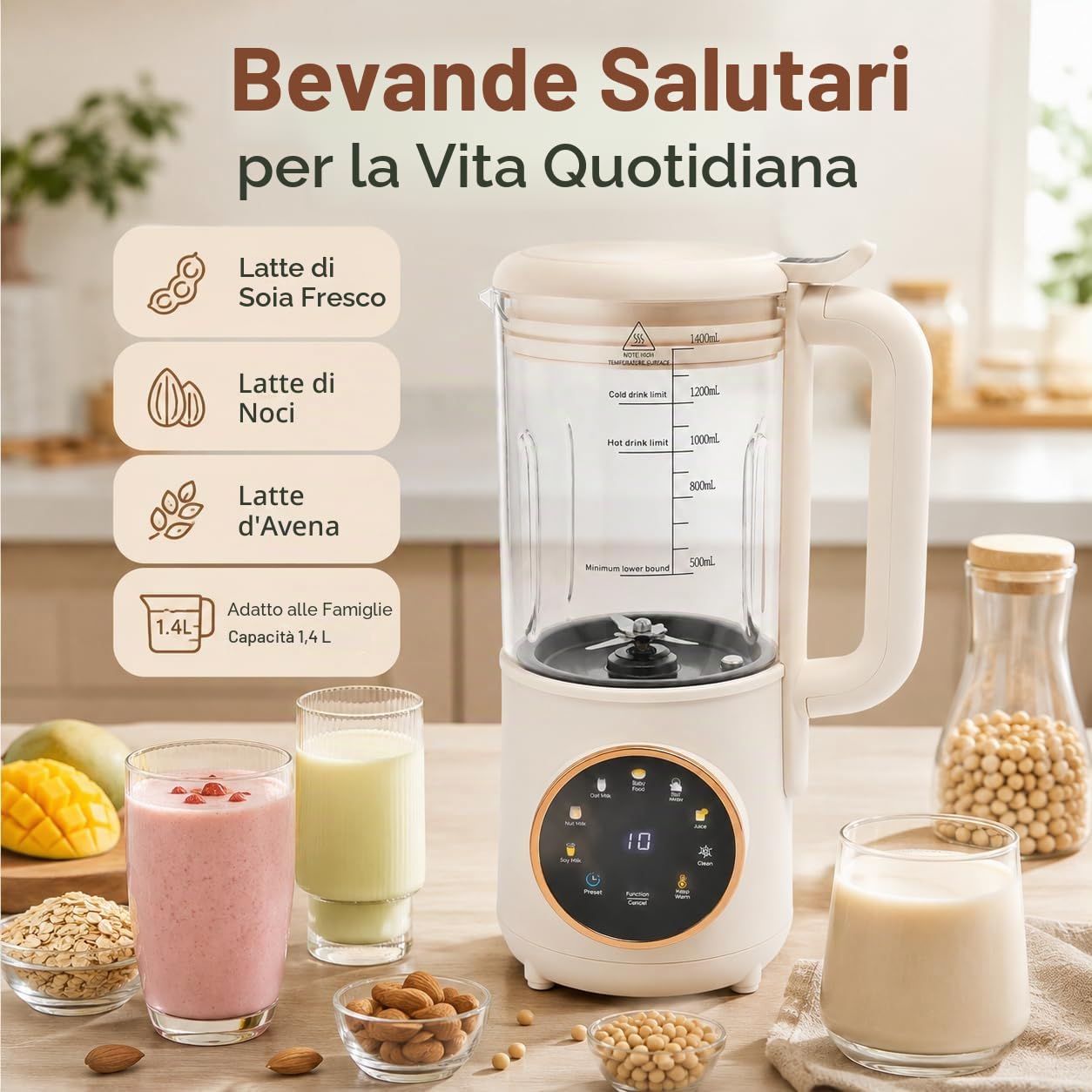Macchina per latte di soia 1,4 l Macchina per il latte vegetale automatica con schermo tattile a LED e maniglia, base stabile, per acqua bollente, succo, latte d'avena, latte di noci, latte di soia