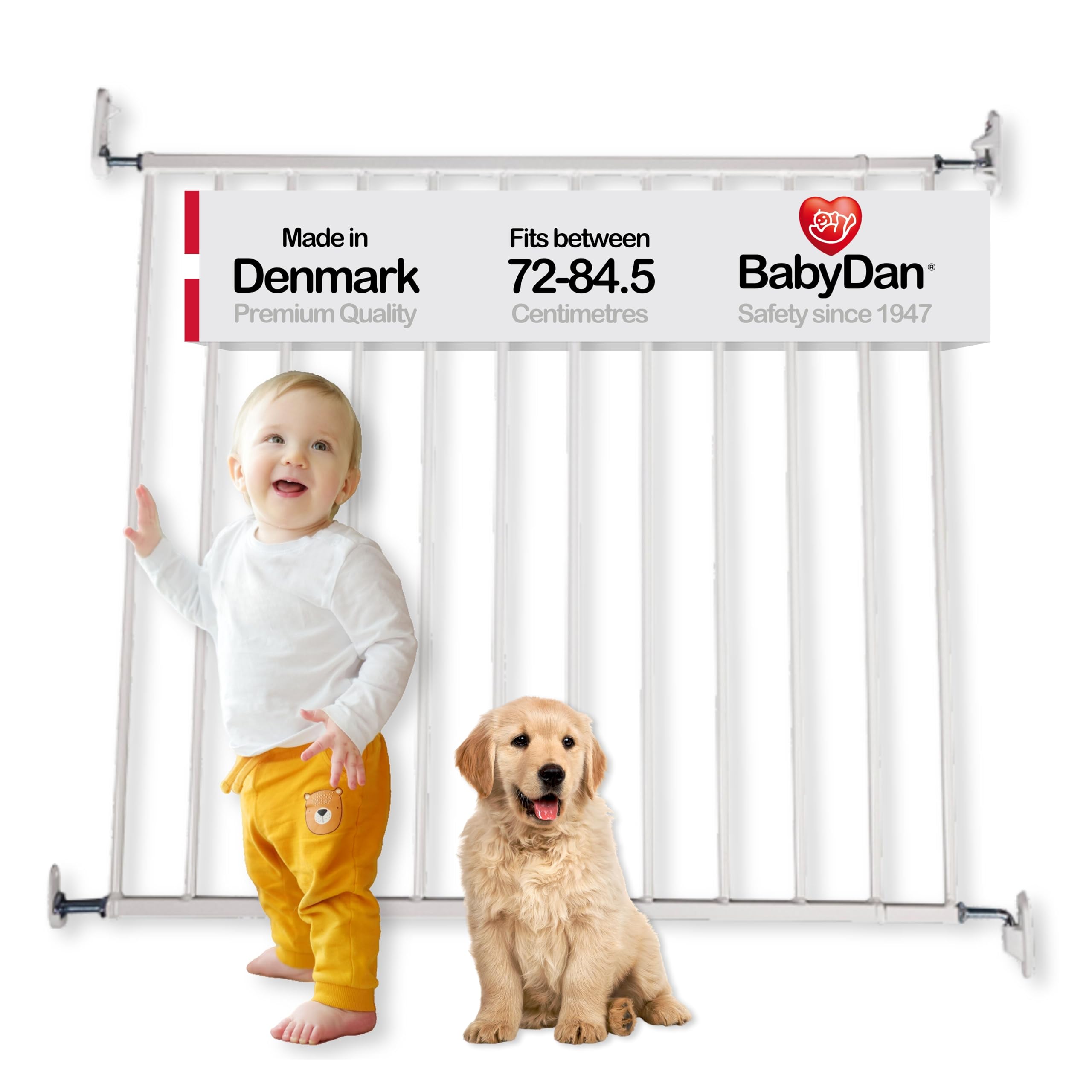 BabyDan Billund Safety Gate – Wall-Mounted Baby Gate for Openings 72-84.5 cm – No Bottom Bar Design for Safe Passage – White, Metal