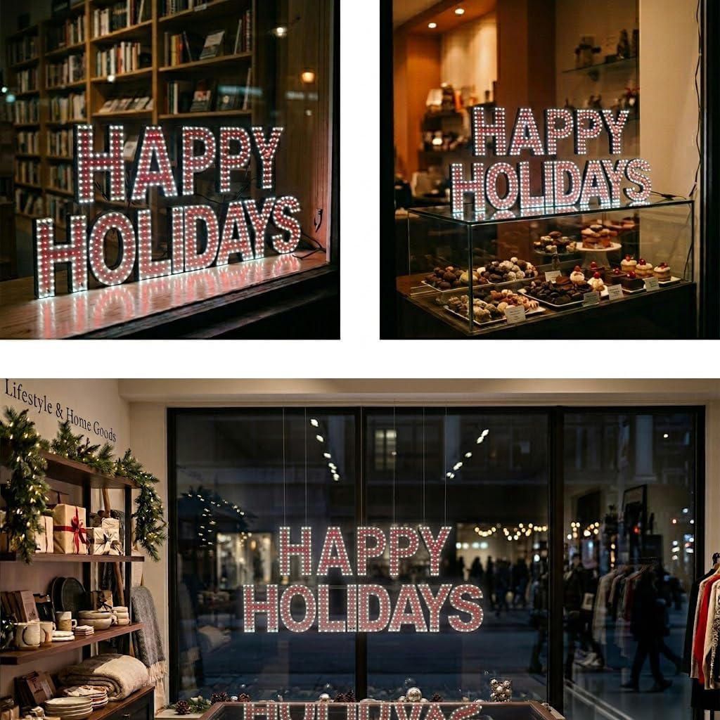 EPL HAPPY HOLIDAYS Red, LED 1G On-Off Sign, Eye-Catching, Super Bright, 15"x30", Business decor, Storefront display, Seasonal Greeting Wall Light