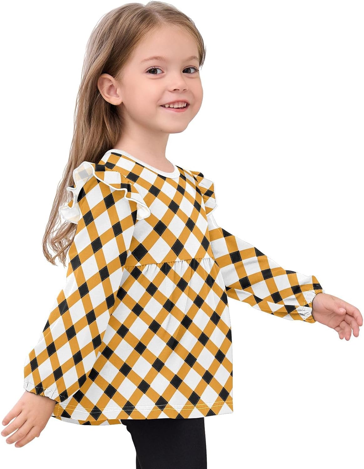 visesunny Toddler Clothes for Girls Orange Mismatch Check Long Sleeve Fall Shirts Cotton Top with Ruffle Collar