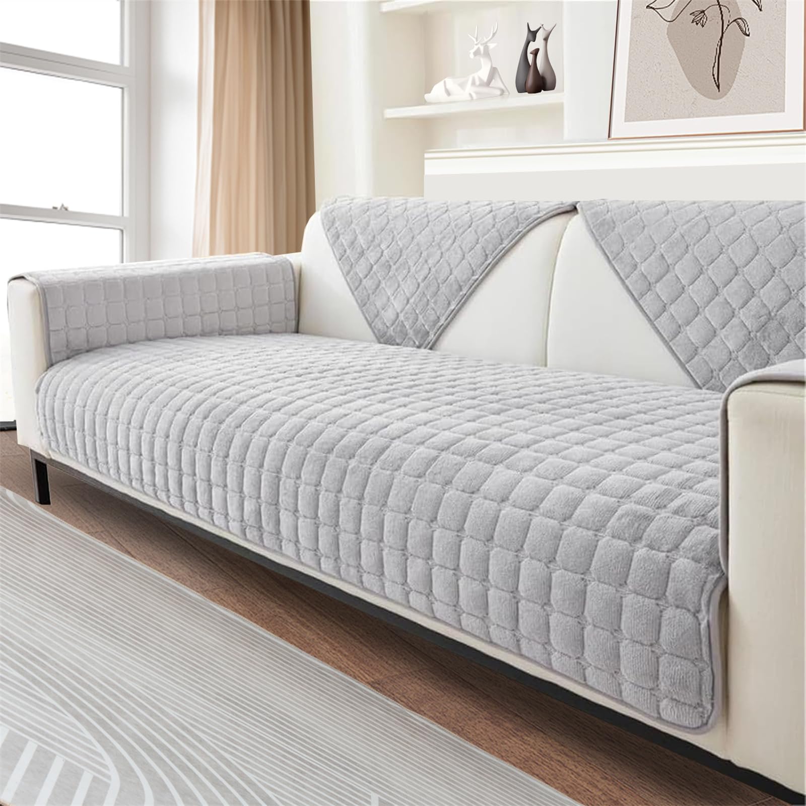 FASCINATDECO Soft Flannel Sofa Covers, Sofa Cushion Covers, Non-Slip Sofa Cover 1 2 3 Seater Couch Covers for Sectional Sofa, Sofa Slipcovers L Shape Furniture Protector (Light Grey,70x90cm) — image 1