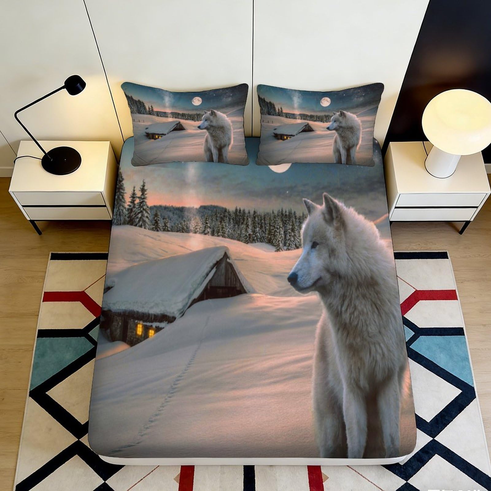 3D Printed White Wolf Snow Scene Fitted Sheet Microfiber Soft Breathable Winter Landscape Bed Cover for Bedroom Dormitory Guest Room Mattress Protection 120x200x25cm