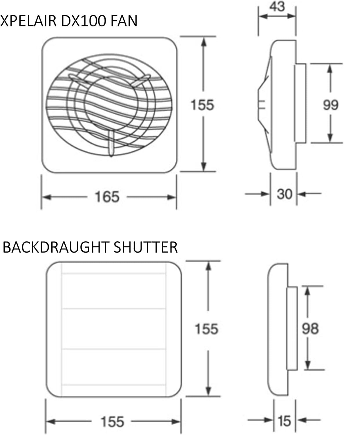 Xpelair DX100 Fan and Backdraught Shutter Dimensions