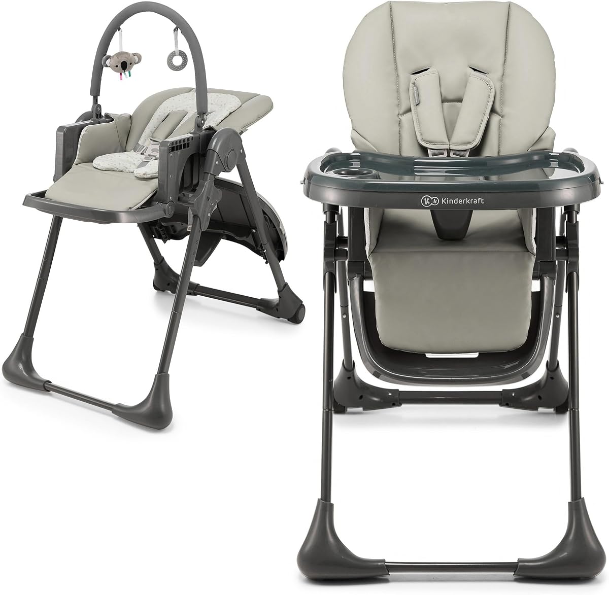 Silla alta Kinderkraft Tummie 2 en 1, gris | Ergonómico, Reclinable, Plegable, Altura Regulable, Bandeja Desmontable