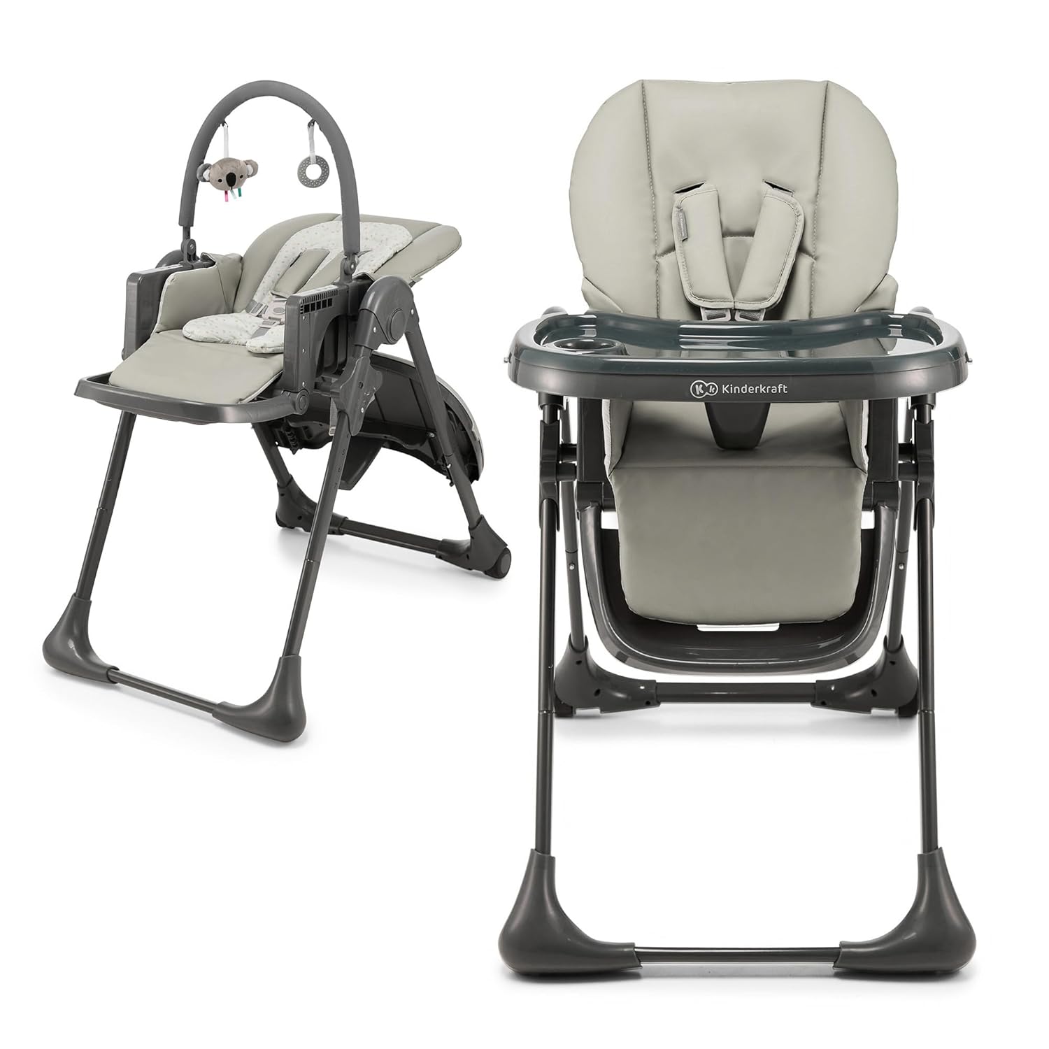 Kinderkraft Tummie, 2-in-1 high Chair, Baby Chair, Ergonomic, Comfortable, Reclining, Foldable, with Ajustable Height, Footrest, Detachable Tray, for Toddler, with Toys, Gray