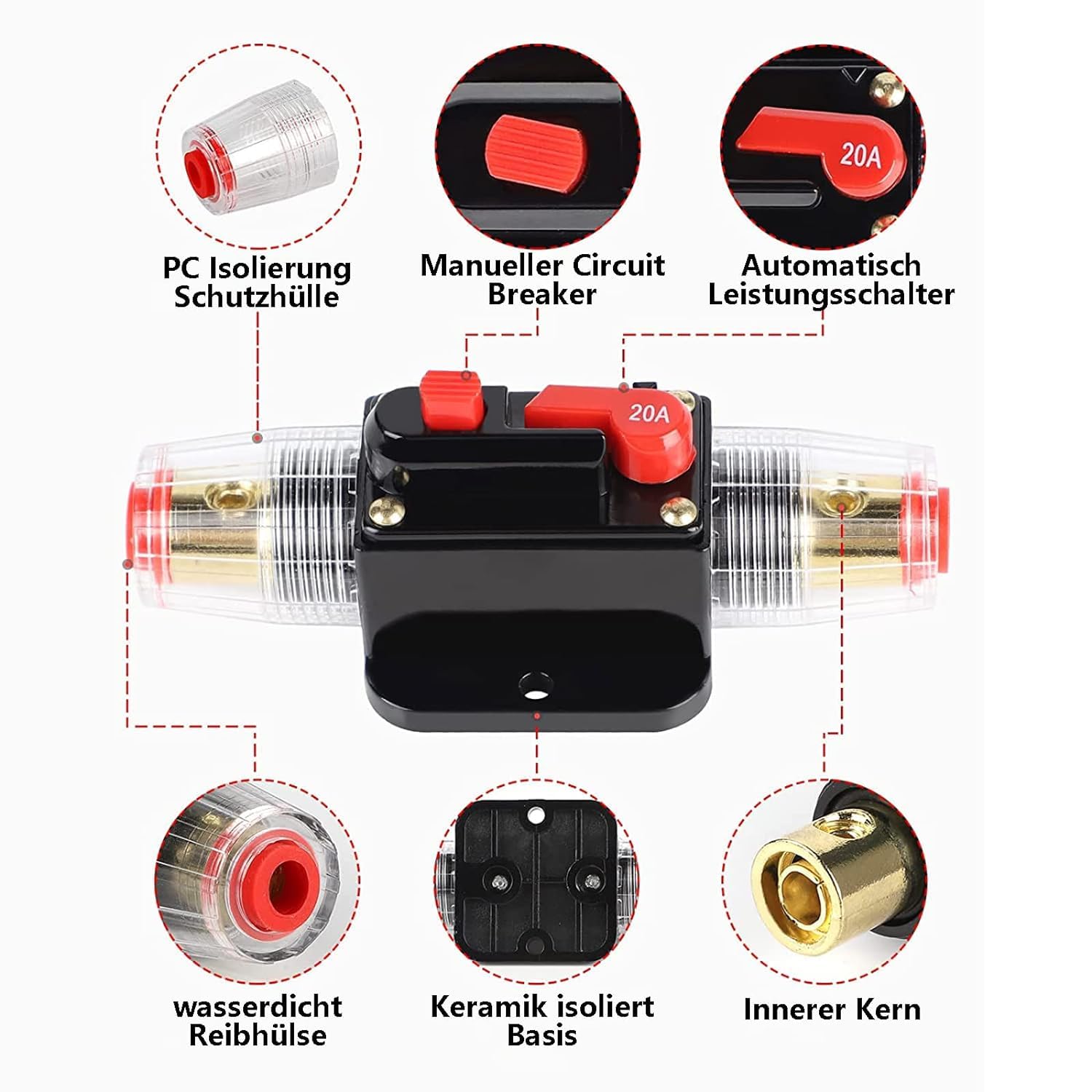 2 sztuki samochodowych uchwytów bezpiecznikowych 12 V-24 V DC Inline, wyłącznik automatyczny, wyłącznik automatyczny (20 A)