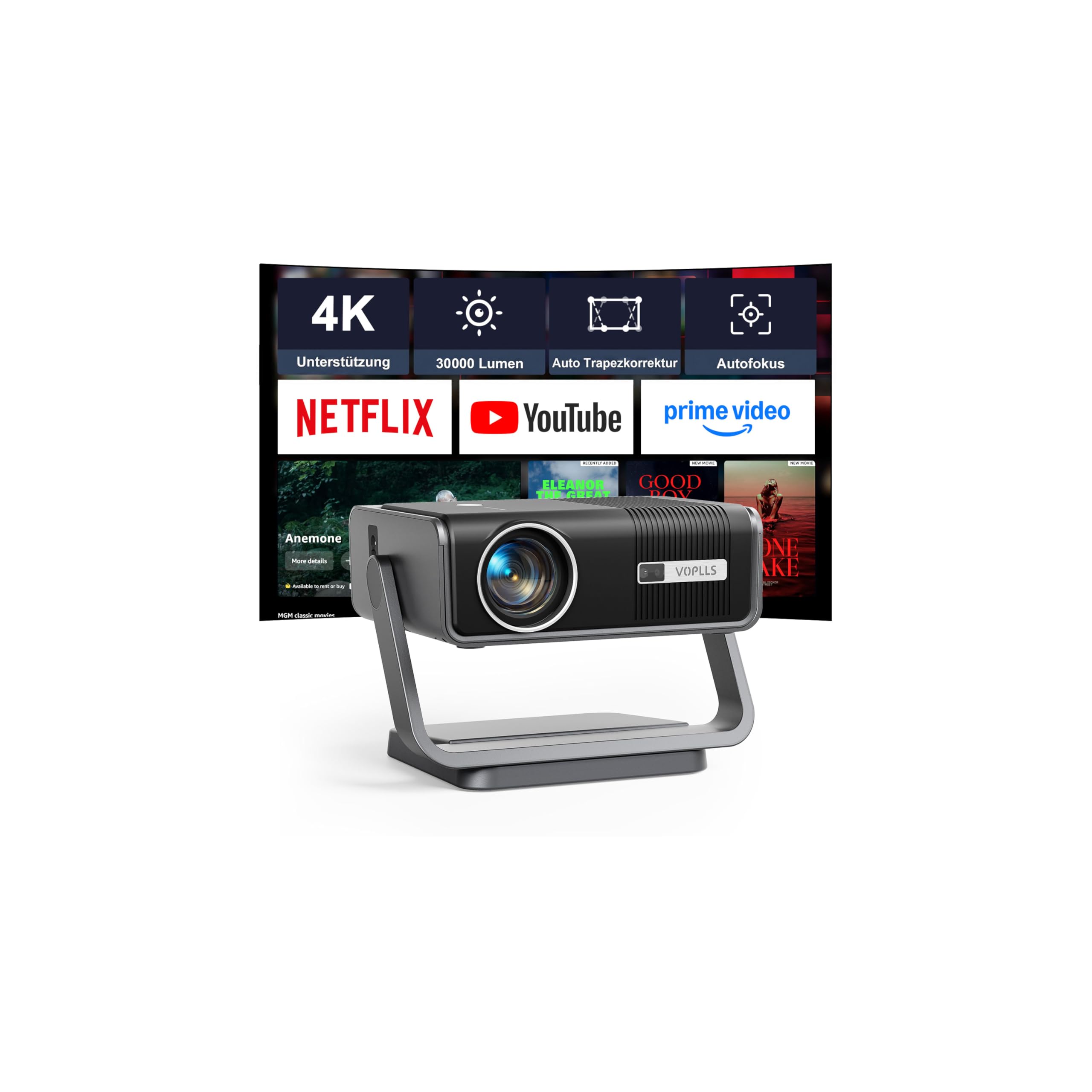 Smart Beamer 4K【Netflix-Fähig & Dolby Audio】30000 Lumen Auto Fokus/6D Trapezkorrektur Beamer Full HD 1080P, VOPLLS WiFi6 Bluetooth Unterstützt 4K Video Projektor Heimkino/Outdoor für PS5/ Handy (Grau)