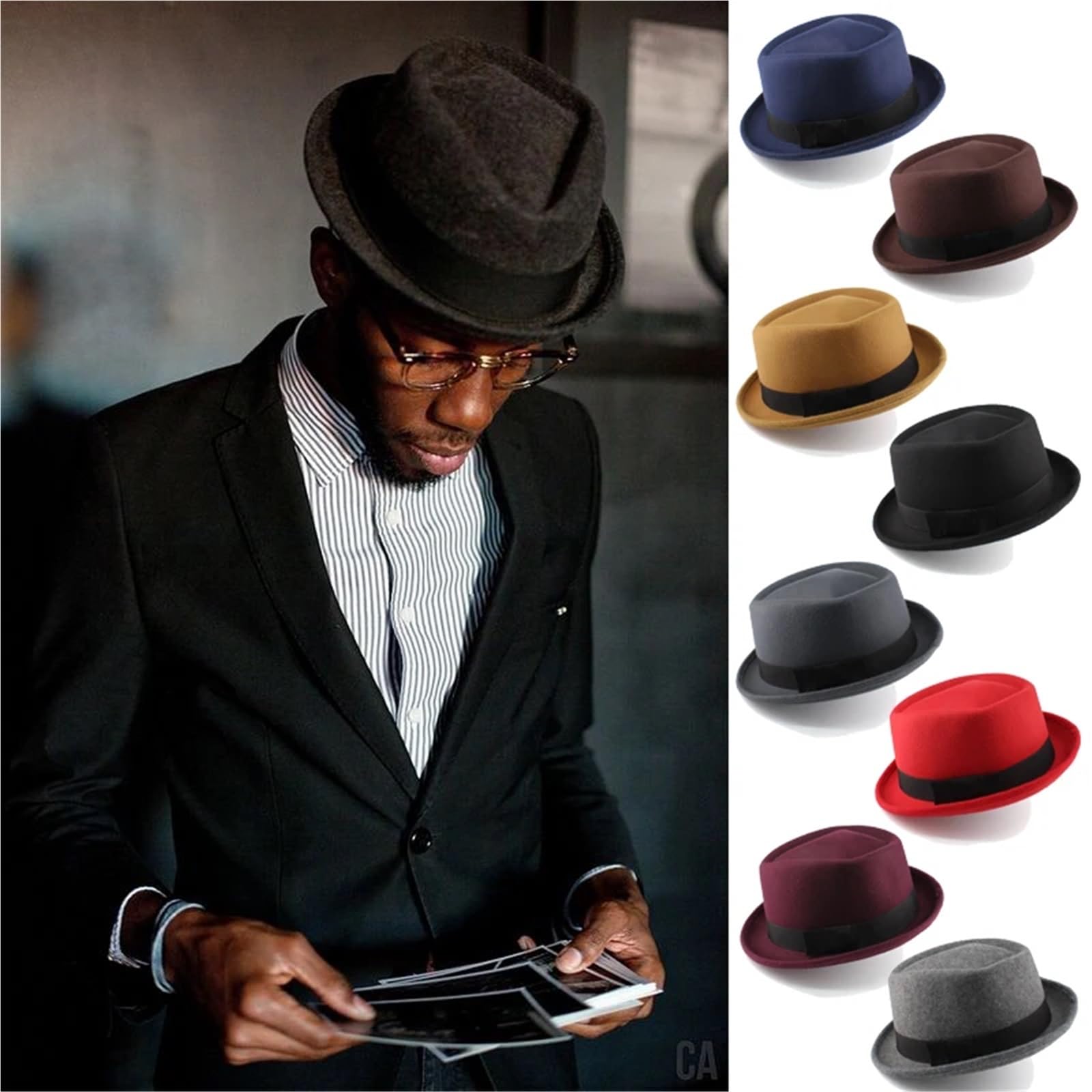Hombres Mujeres Top Pork Pie Sombreros Bowtie Band Fedora Sunhat Trilby Caps Jazz Party Viajes al Aire Libre para Una Gala, Fiesta De Disfraces(Brown)