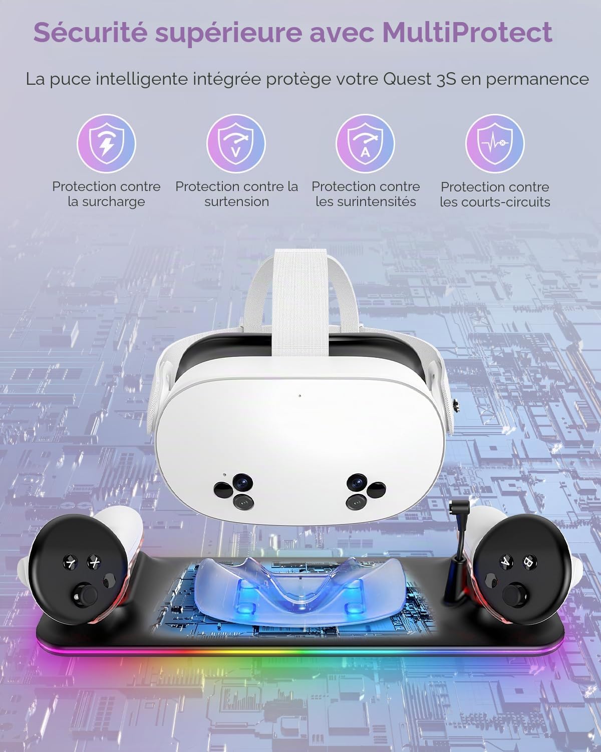 Station de charge pour Meta Quest 3S/3 Kinwin Base de charge magnétique pour accessoires Oculus Quest 3S/3 avec lumière RVB, support de charge pour casque VR et contrôleur avec 2 piles rechargeables