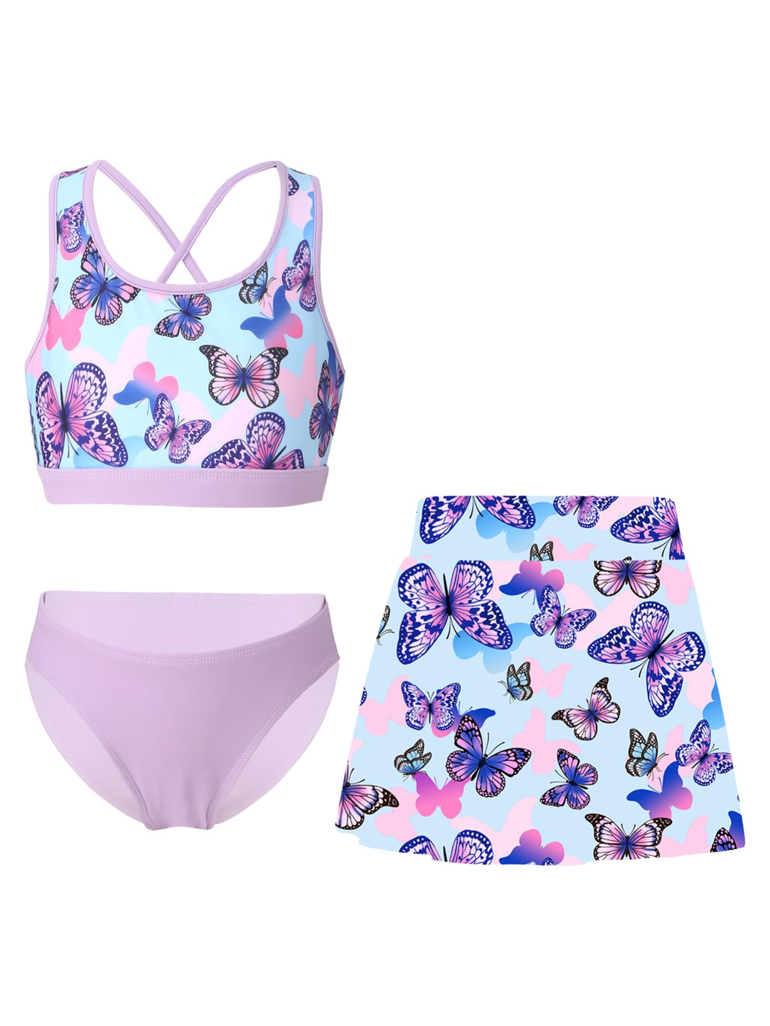 IEFIEL Traje de Baño con Falda para Niñas Tres Piezas Bañador Bikini Deportivo con Top de Baño y Braga y Falda Ropa de Playa Natación 5-16 Años