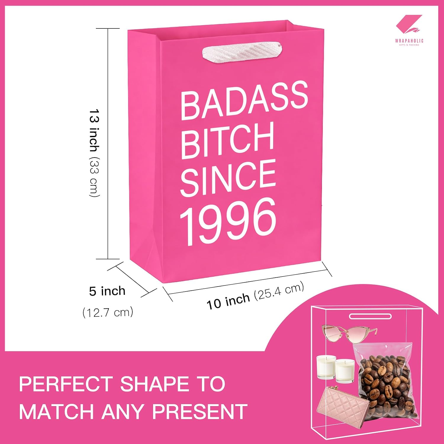 WRAPAHOLIC 13" Large 30th Funny Birthday Gift Bag with Tissue Paper - Badass Bitch Since 1996 Humor Paper Bags for Women Friends 30th Birthday Party image 2