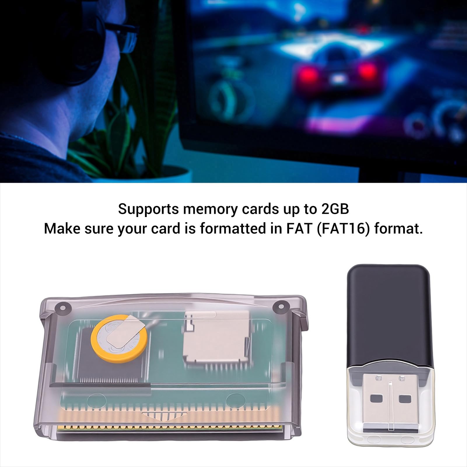 Cartucho Flash de Juego para GBA SP GBM NDS NDSL, Lector de Tarjetas SD Universal Tarjeta de Grabación para Gameboy Advance, Admite Memoria de Formato Fat de 2 GB (Negro)