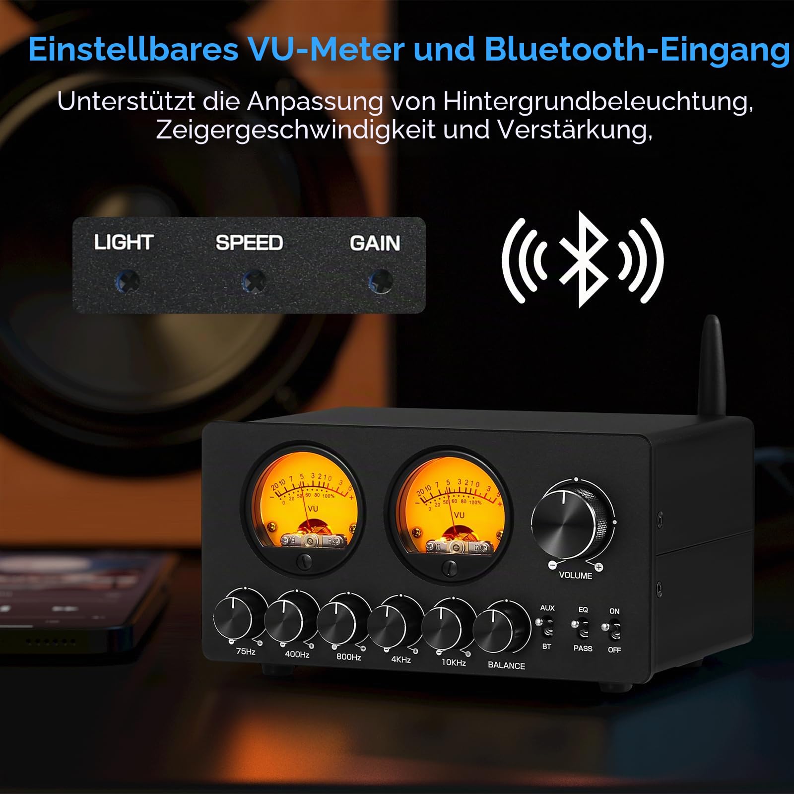Douk Audio 5-Band-Equalizer Bluetooth EQ Vorverstärker für Heim-Stereo/Computer-Lautsprecher/Verstärker mit VU-Meter (EQ5 PRO)
