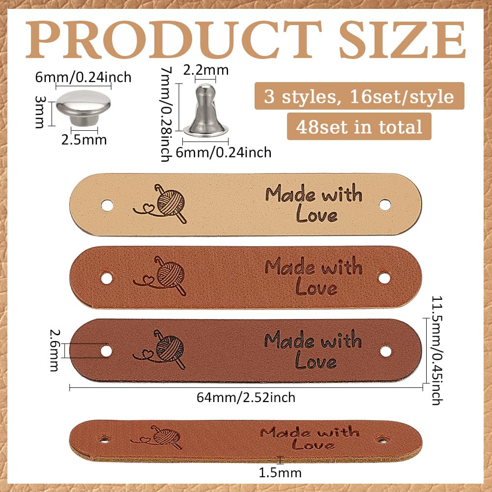 FINGERINSPIRE 48 Sets PU Leather Label 6.4x1.2cm Beige Chocolate Saddle Brown Oval Leather Crochet Labels Ball of Yarn Pattern Handmade Embossed Tag with Rivets for Clothing DIY Knitting Crafts - Image 2