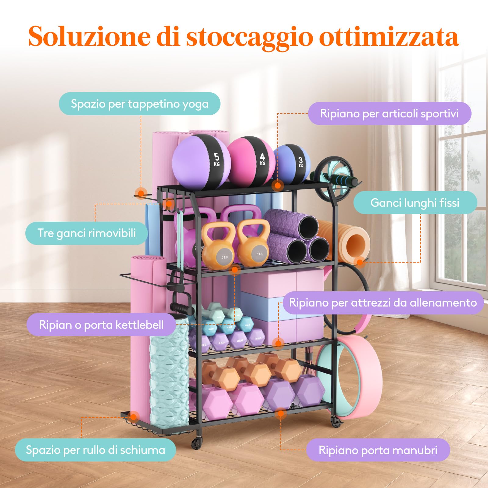 Lifewit Porta per Tappetino da Yoga con Ruote, Rack per Attrezzi da Allenarsi per Manubri, Kettlebells, Blocchi da Yoga, Rulli di Schiuma, Attrezzi da Pilates, per Casa, 98 cm di Altezza, Grande