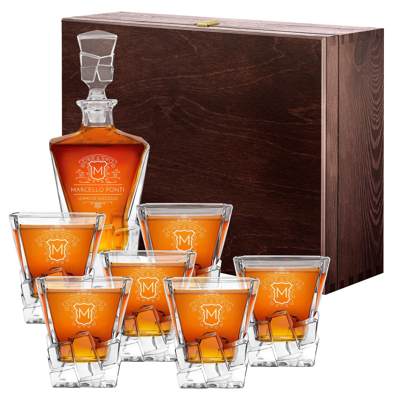 Maverton set Caraffa per whisky in vetro con 6 bicchieri - ideale per alcolici e liquori - 950 ml - incisione personalizzata - ottimo per acqua - pensiero speciale per Lui - milord