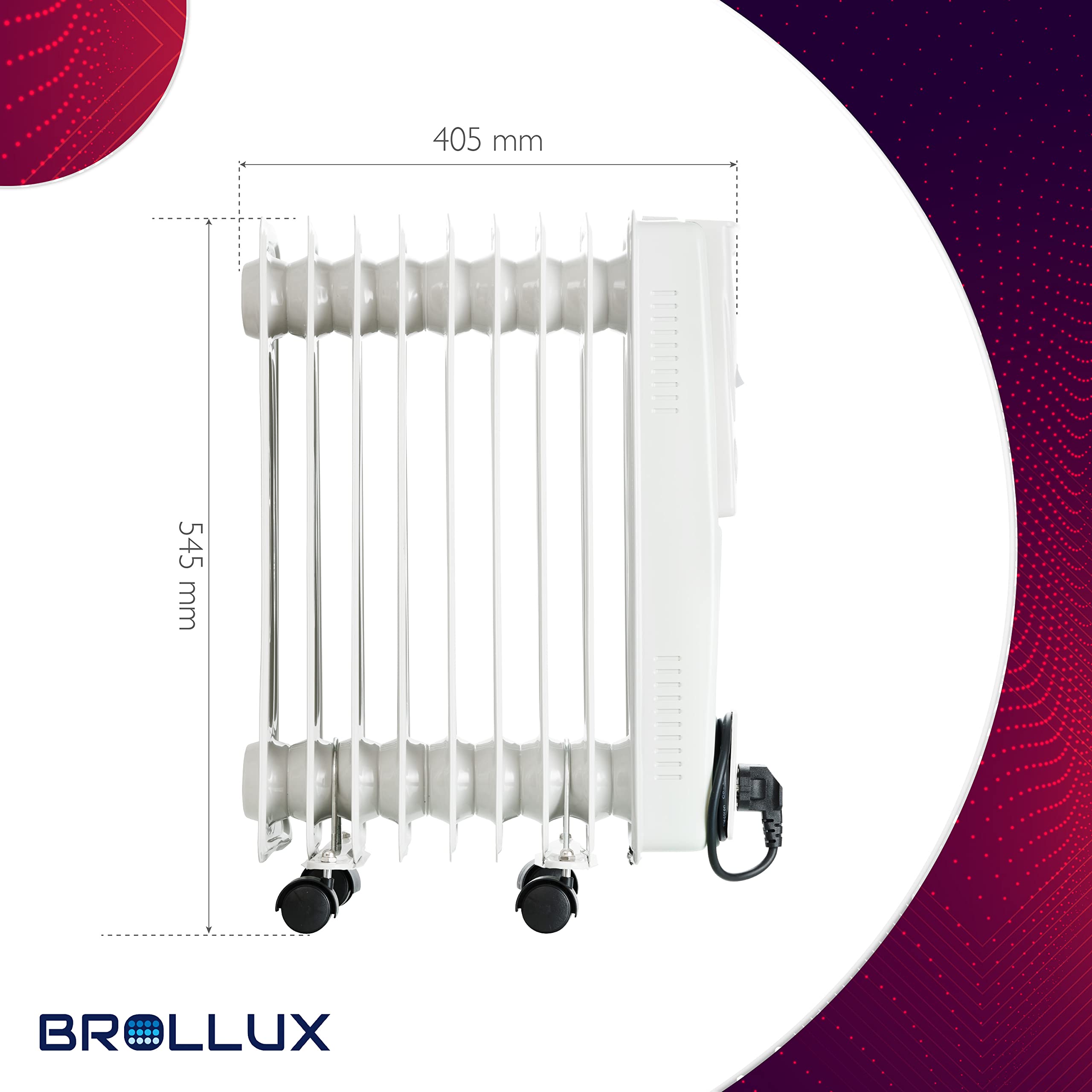 Brollux Elektryczny grzejnik olejowy 2000 W OH-09 Grzejnik olejowy Grzejnik elektryczny 9 lameli Mobilny grzejnik elektryczny Termostat Szary