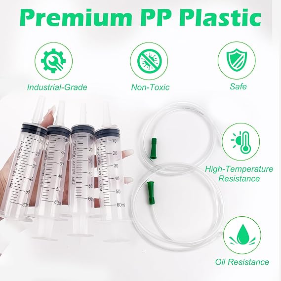 4Pcs Industrial No Needle Syringe,60ml Lab Measuring with Caps 1m Hose Tube