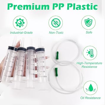 4Pcs Industrial No Needle Syringe,60ml Lab Measuring with Caps 1m Hose Tube