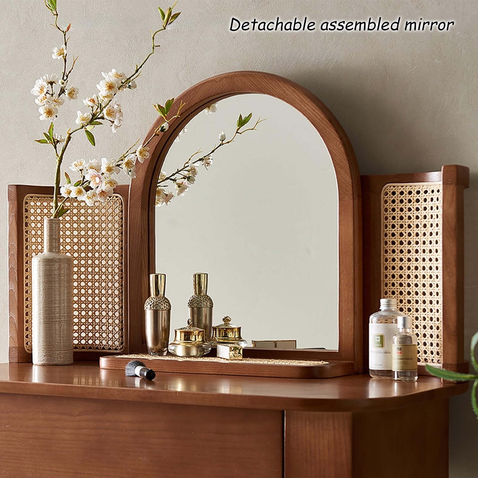 Amazon｜JIAOCKJIAO ラタン製化粧台、取り外し可能なミラー付き  