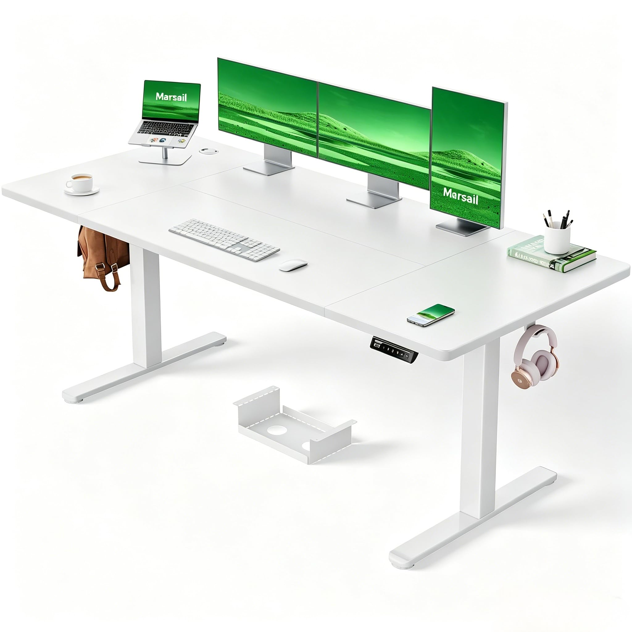 Marsail Elektrisch Höhenverstellbarer Schreibtisch 180x80, Max 100 kg, Robuster Metallrahmen, Vierteilige Tischplatte, Bürstenloser Motor, Leise Funktion, Höhenverstellbarer Tisch für Home Office