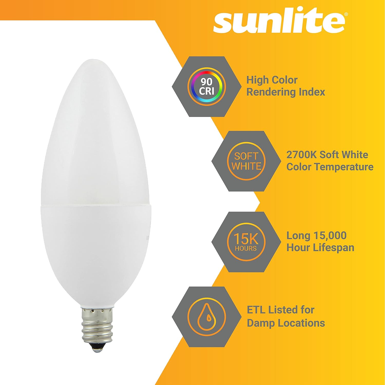 Sunlite LED B11 Decorative Chandelier Light Bulb, 7 Watts (60W=), 500 Lumens, 120 Volts, Dimmable, E12 Base, 90 CRI, ETL Listed, Torpedo Frosted, Title-20, 2700K Soft White, 6 Pack
