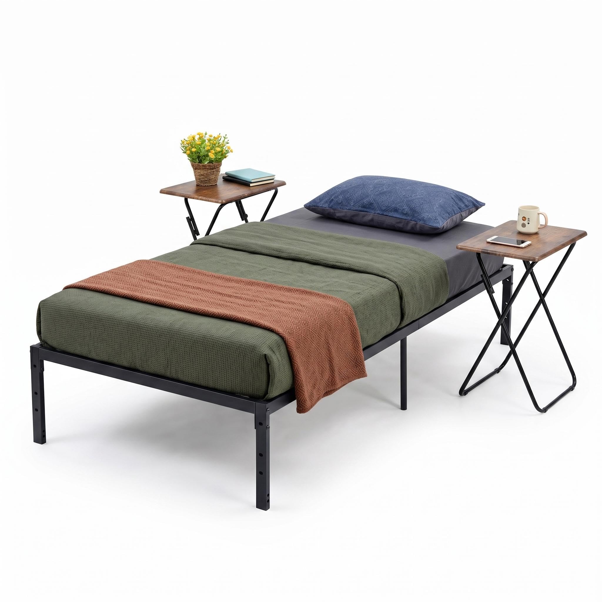 Cama individual para ahorrar espacio con estructura metálica y 2 mesas 1