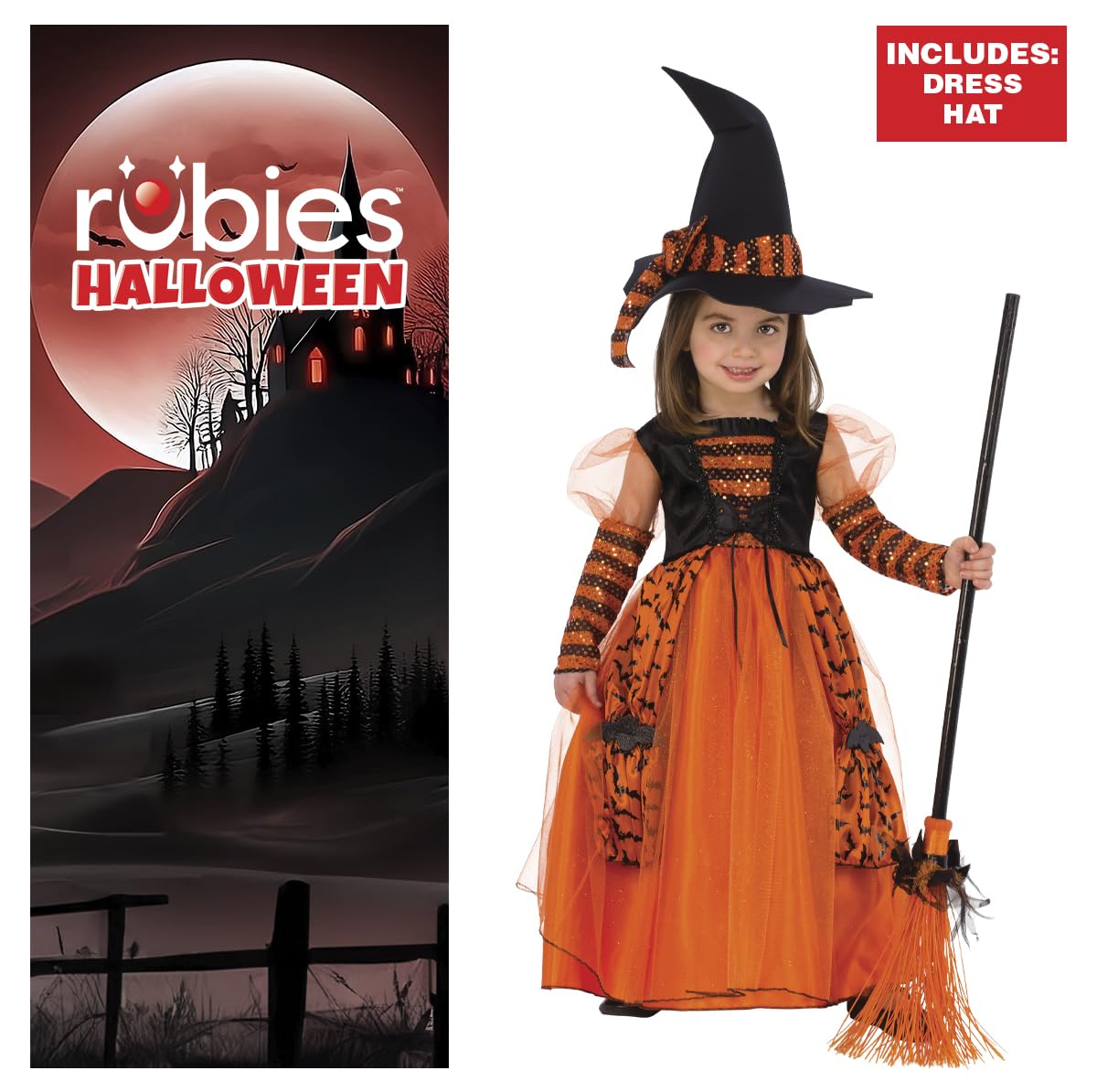 Rubies Costume da strega brillante per bambina, arancione, con dettagli in glitter e cappello con dettagli in paillettes