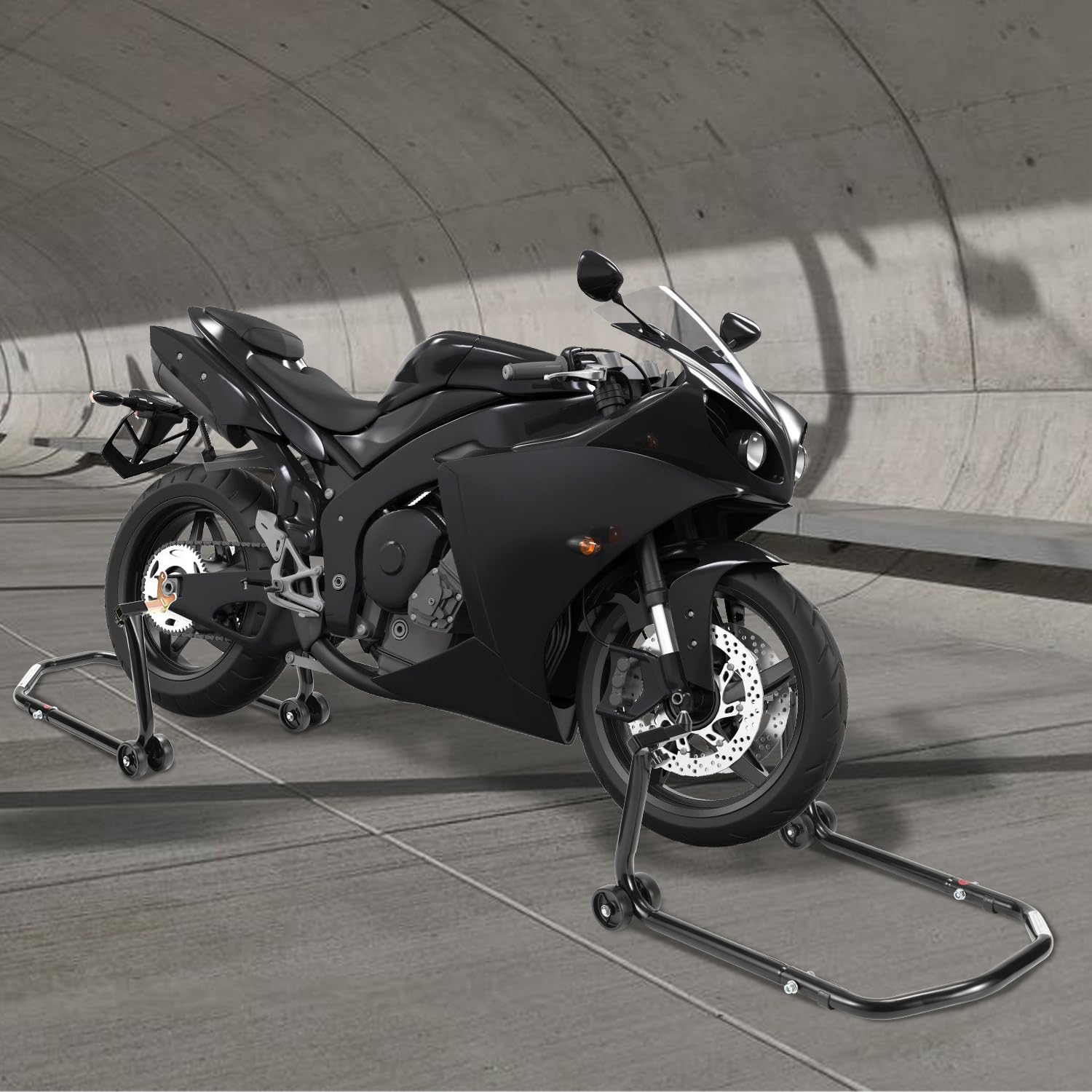 Stojak na motocykl, podnośnik do motocykla, tylny stojak z podwójnymi kółkami, regulacja szerokości, prace montażowe do motocykli do 300 kg, stabilność (czarny)