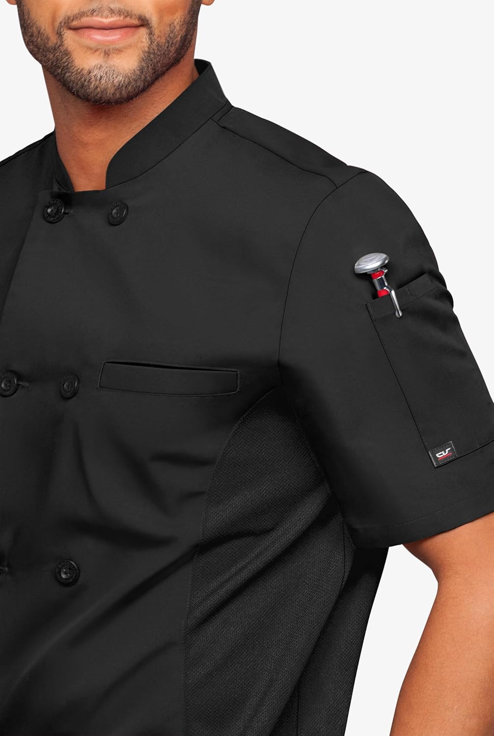 Men's Chef Coat Short Sleeve - Professional Chef Jacket with Breathable Mesh Side Panels & 2 Pockets for Culinary Essentials - Image 4