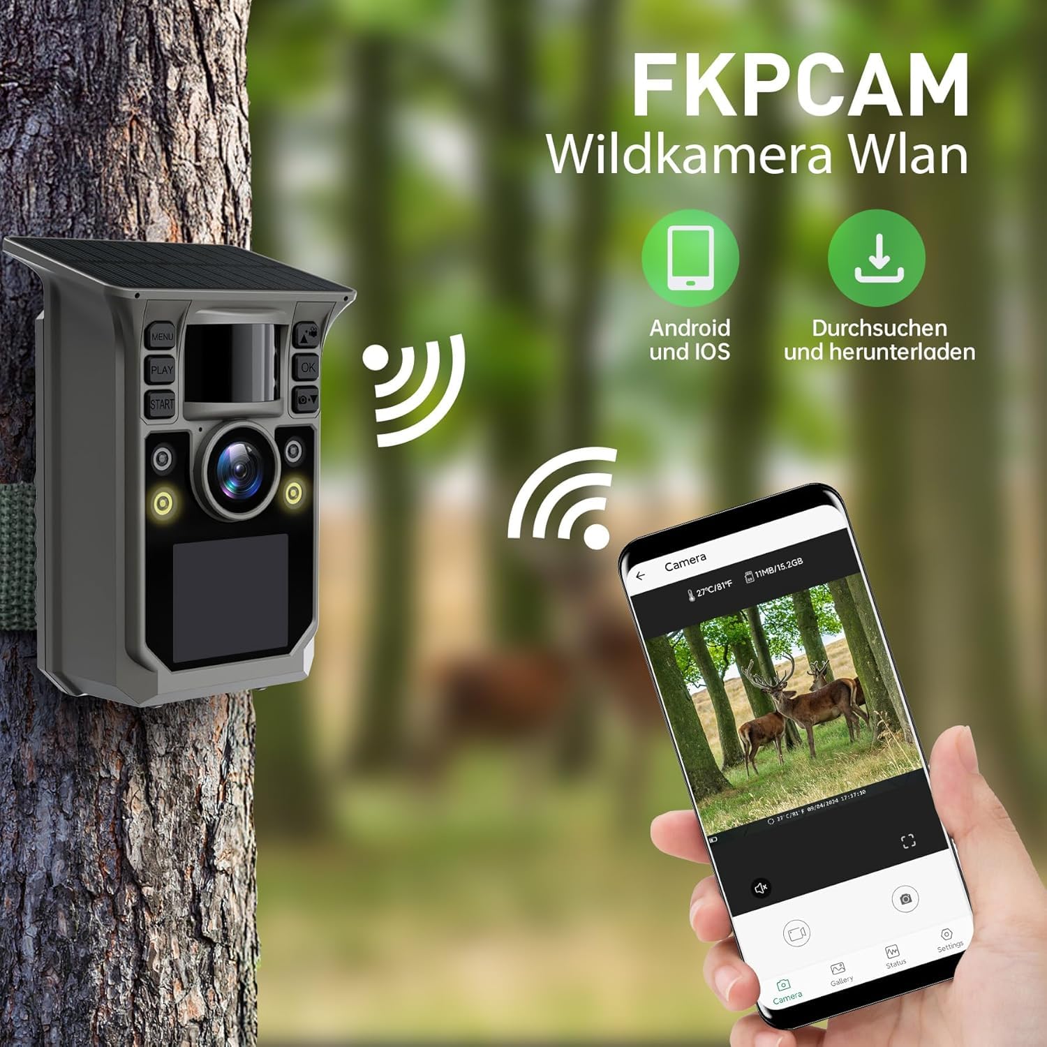 Wildkamera mit Handyübertragung APP, Solar WLAN 4K HD Video 64MP Eingebaute 7500mAh Wiederaufladbare Batterie, Vollfarbige Nachtsicht, 32GB Speicherkarte, IP67 Wasserdicht, 130° Weitwinkel
