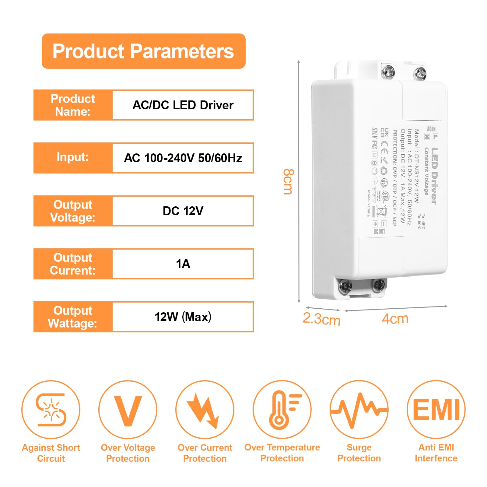 Trasformatore 220V 12v 12w, Alimentatore 12v 1 A, Trasformatore LED AC a DC, led driver 12 V, per G4, GU5.3, MR11, MR16, Lampade LED, Non dimmerabile, non sfarfallante, non rumoroso