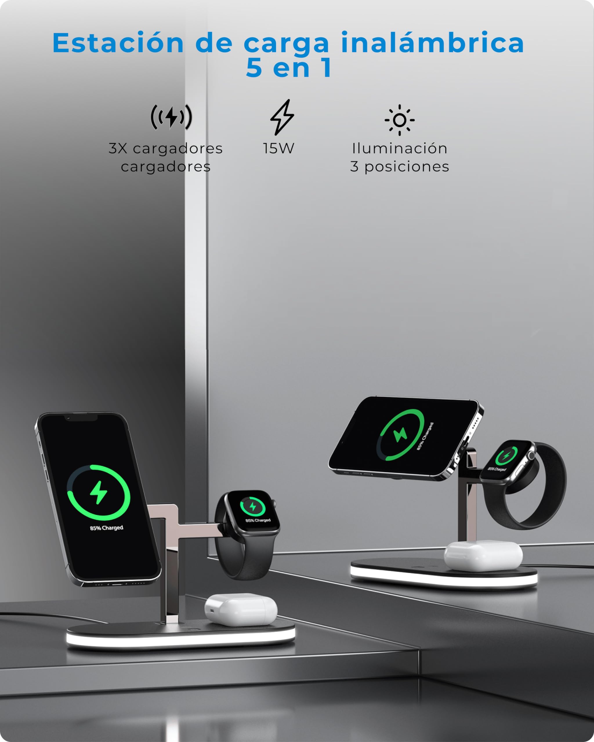 VOOMY Cargador Inalámbrico 3 en 1-15W Estación de Carga para iPhone 15/14/13/12/11, Apple Watch, AirPods Pro/2/1, con Lámpara Regulable.LED, USB-A, y Carga Rápida, Certificación CE-ROHS