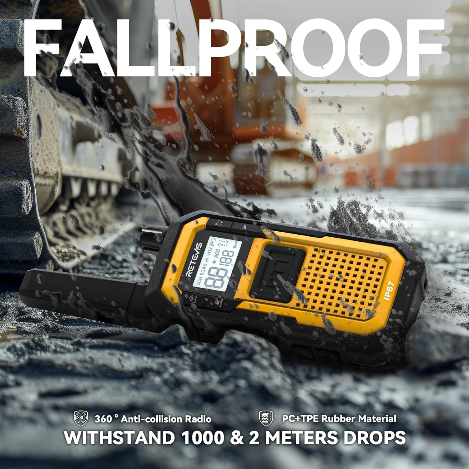 Retevis RB648 Walkie Talkie Robusto, Radio Bidirezionale Impermeabile IP67 | Antipolvere, Resistente alle Cadute, SOS Vibrazione PMR Walkie-Talkie per Ambienti Industriali Difficili(10 Pezzi, Giallo)