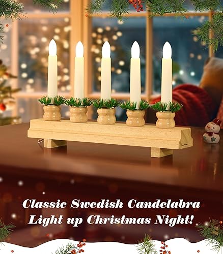 Miniatura 2 de Lewondr Candelabro sueco de Navidad, velas eléctricas con 5 velas cónicas sin llama, luz de puente de vela de madera con alimentación USB, luces