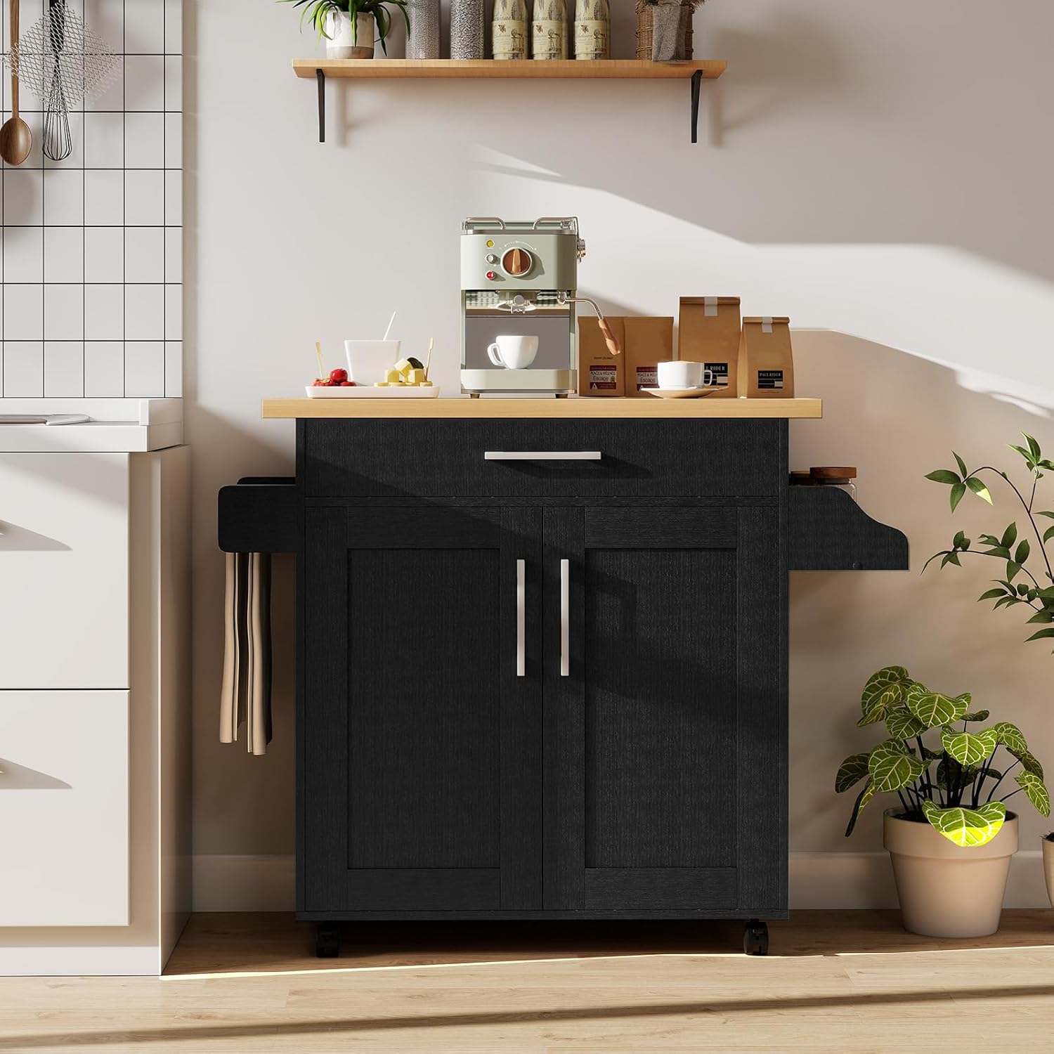 HAPPYGRILL Kitchen Island, Rolling Cart on Wheels, Kitchen Storage Cart Trolley with Adjustable Shelf, Drawer, Spice Rack, Towel Holder & 2-Door Cabinet, Wood Kitchen Trolley for Dining Room, Black