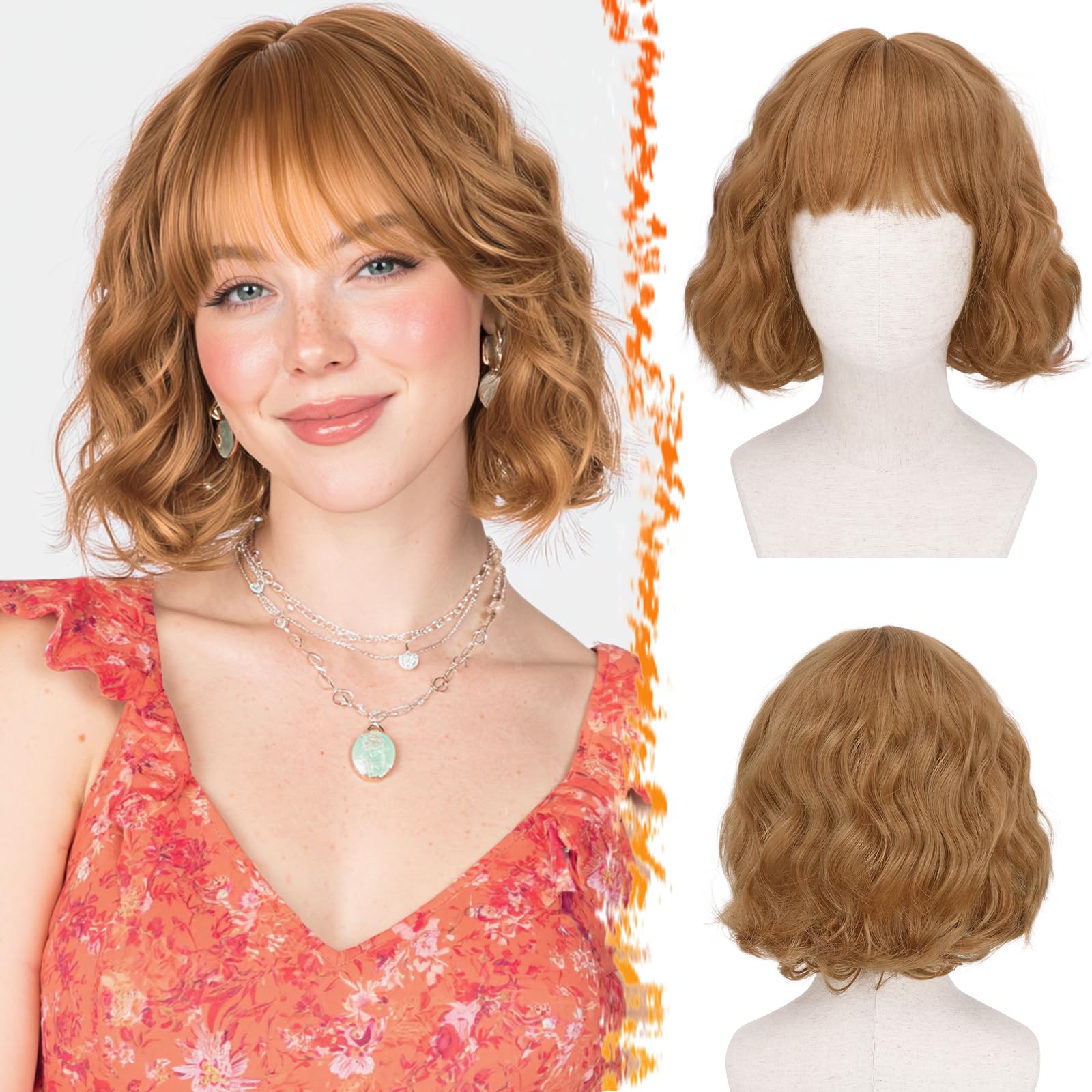 BARSDAR Short Wavy Golden Ginger Wig with Bangs, Short Golden Ginger Bob Wigs for Women