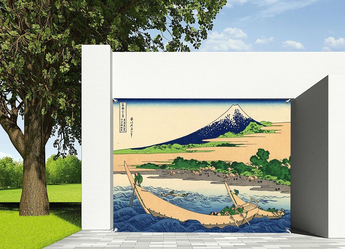 7x8ft Japanese Style Ukiyoe Garage Door Decor Blue Wave Sailboat Mount Fuji Green Tree Village Garage Door Background Abstract Art Modern Family Background Decoration